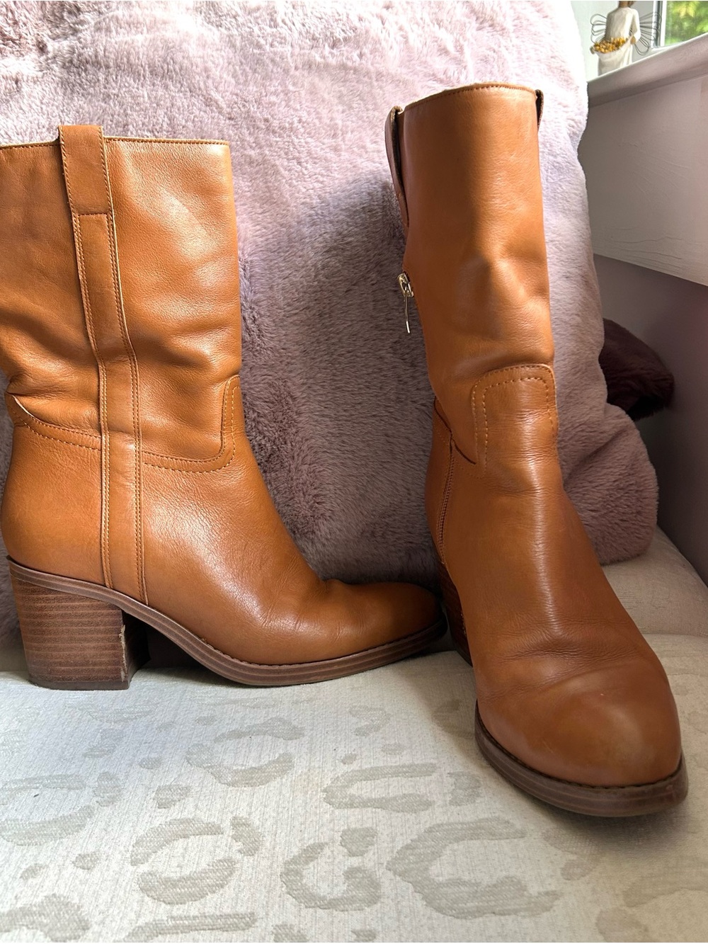 Nine West Cognac Leather Mid-Calf Block Heel Boots size 9.5